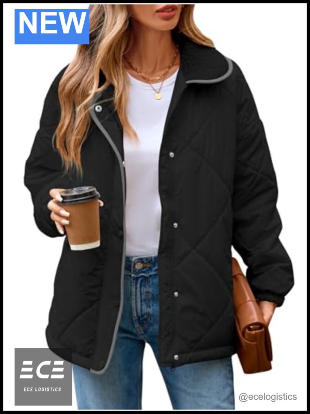 Women's Quilted Padded Jacket Long Sleeve Zip Up Snap Button Coat